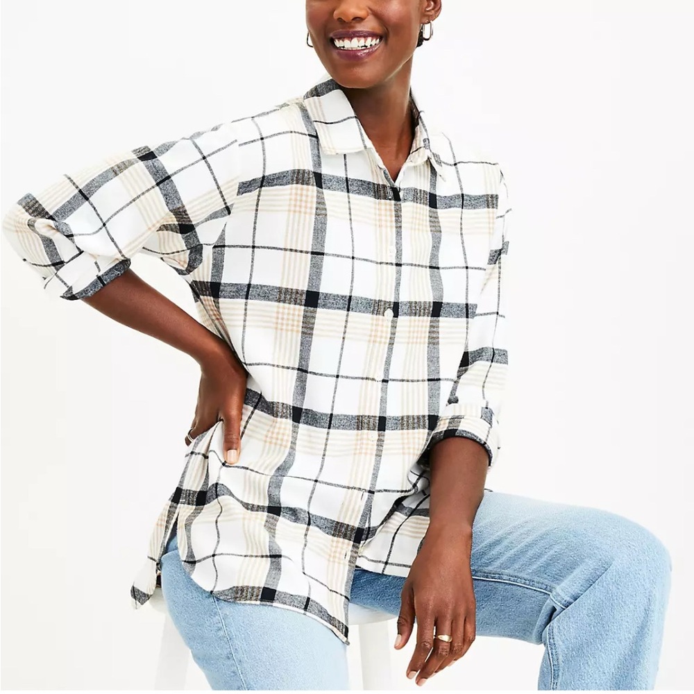 LOFT Petite Plaid Flannel Everyday Tunic Shirt Size M - Picture 1 of 11